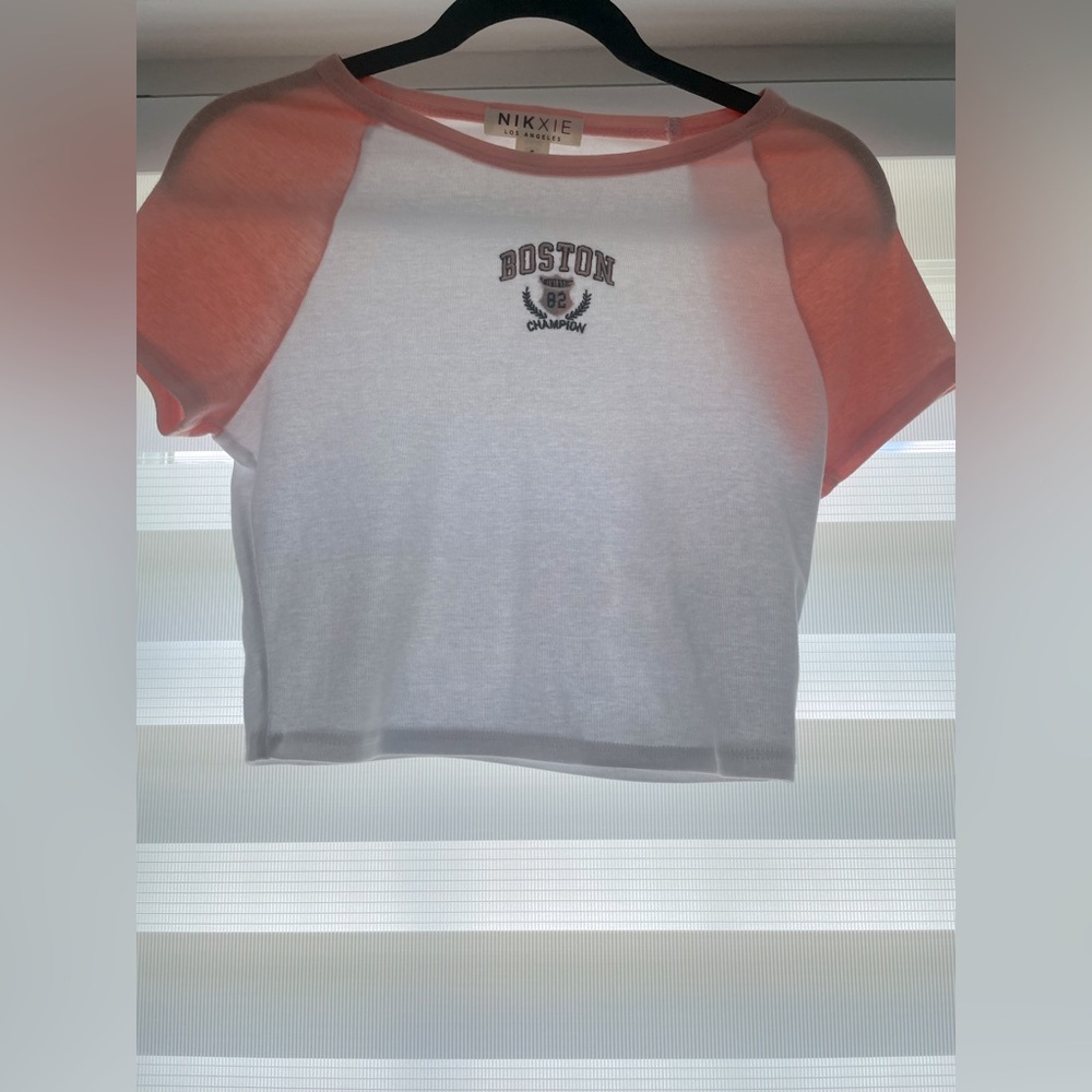 “Boston” White baby tee/crop top size Small